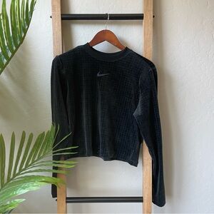 Nike Sportswear Black Velour Cropped Long Sleeve Top Logo Crewneck